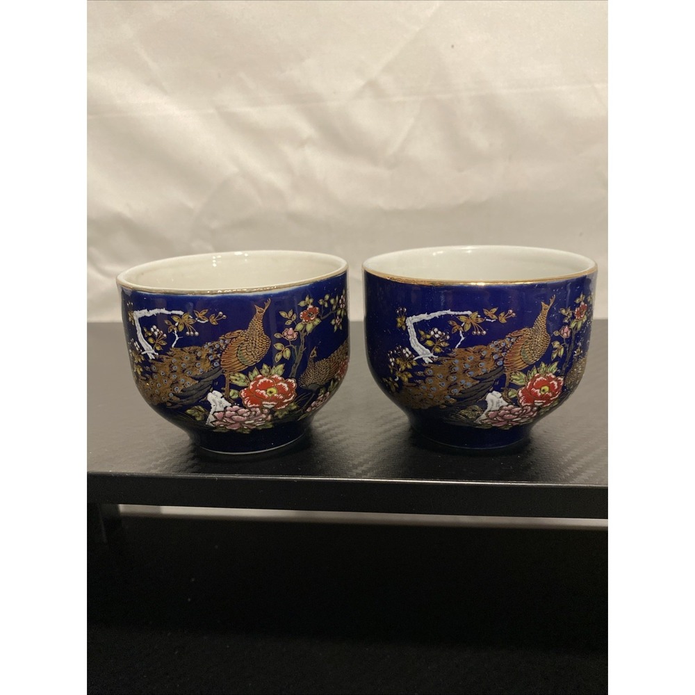 Set Of 2 Japanese Blue Porcelain Peacock Tea Cups